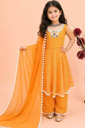 Mustard faux georgette digital print work with real mirror work kids kurta set