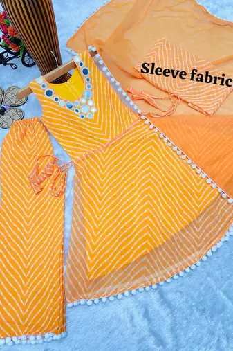 Mustard faux georgette digital print work with real mirror work kids kurta set