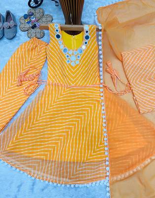 Mustard faux georgette digital print work with real mirror work kids kurta set 4