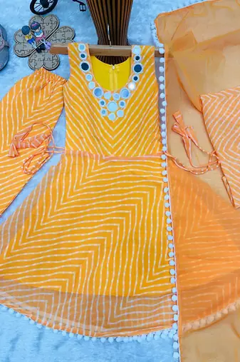 Mustard faux georgette digital print work with real mirror work kids kurta set