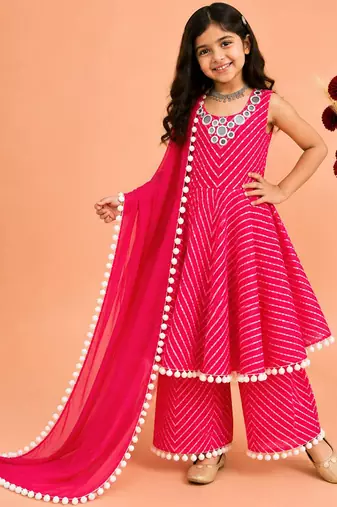 Mustard faux georgette digital print work with real mirror work kids kurta set