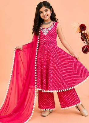 Mustard faux georgette digital print work with real mirror work kids kurta set 2