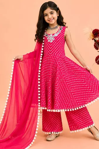 Mustard faux georgette digital print work with real mirror work kids kurta set
