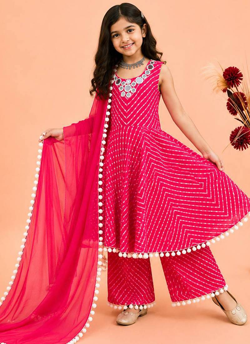 Mustard faux georgette digital print work with real mirror work kids kurta set