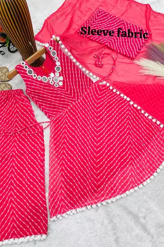 Mustard faux georgette digital print work with real mirror work kids kurta set