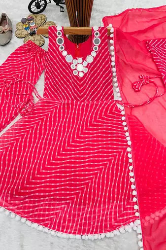 Mustard faux georgette digital print work with real mirror work kids kurta set