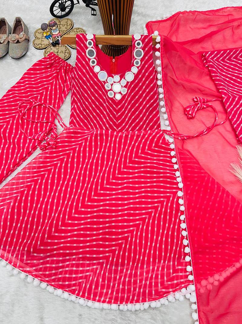 Mustard faux georgette digital print work with real mirror work kids kurta set