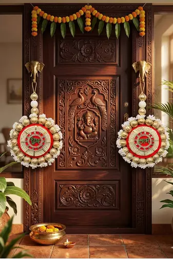 handmade shubh labh beads decorative hanging golden beads border crystal work home hanging (pack of 2)