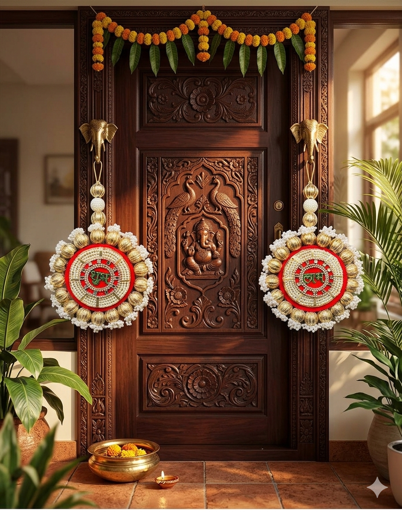 handmade shubh labh beads decorative hanging golden beads border crystal work home hanging (pack of 2)