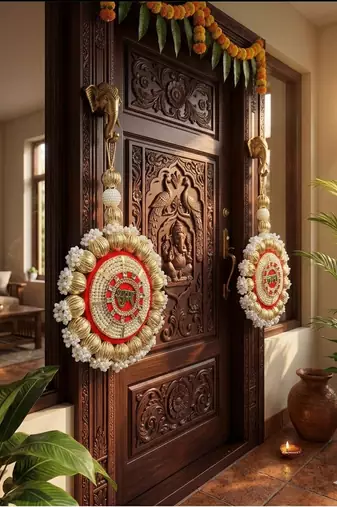 handmade shubh labh beads decorative hanging golden beads border crystal work home hanging (pack of 2)