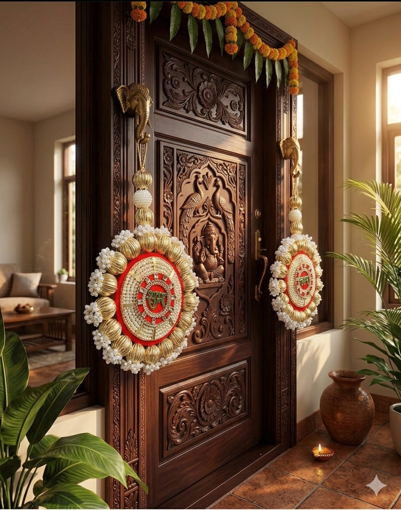 handmade shubh labh beads decorative hanging golden beads border crystal work home hanging (pack of 2)