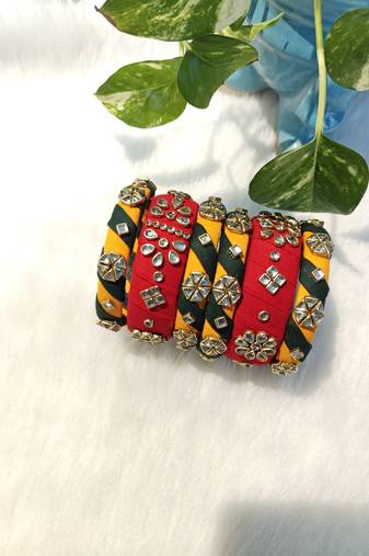  handcrafted red, yellow & green fabric kundan bangle set (set of 6)