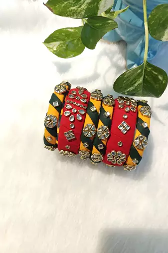  handcrafted red, yellow & green fabric kundan bangle set (set of 6)