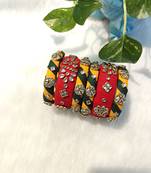  handcrafted red, yellow & green fabric kundan bangle set (set of 6)