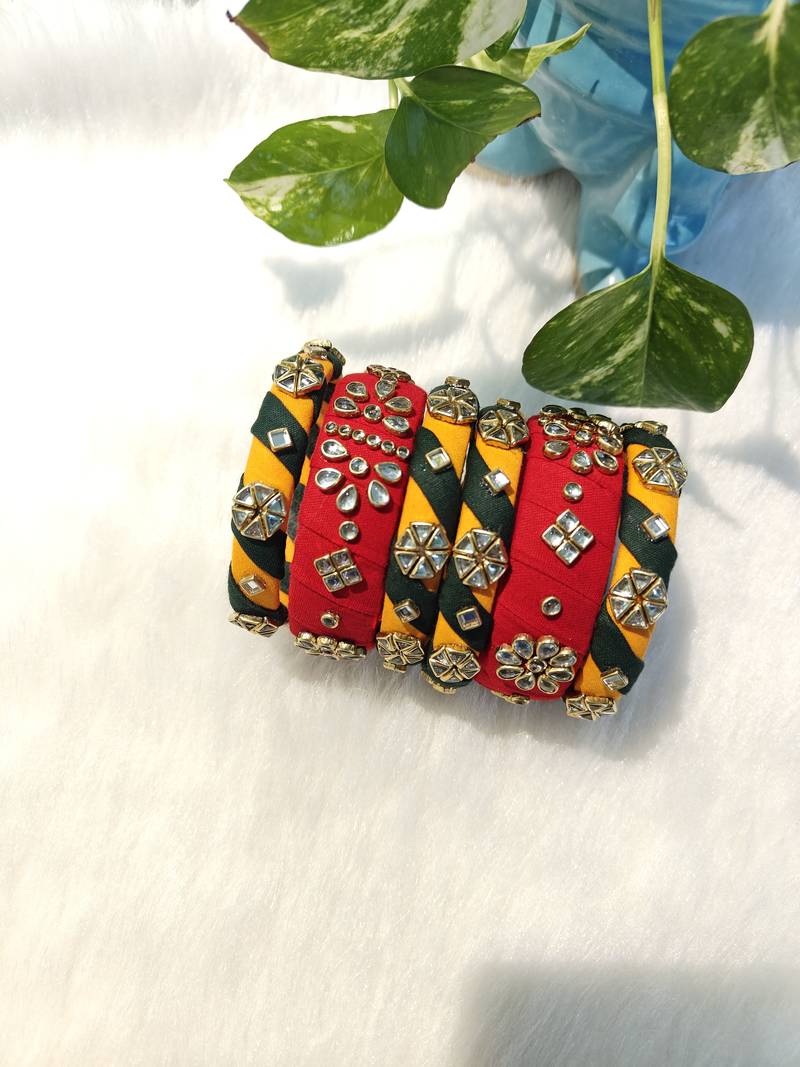  handcrafted red, yellow & green fabric kundan bangle set (set of 6)