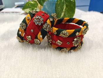  handcrafted red, yellow & green fabric kundan bangle set (set of 6) 2