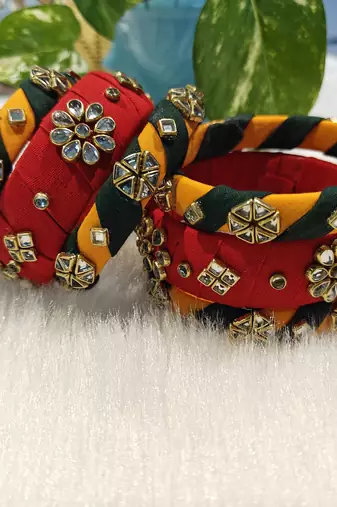  handcrafted red, yellow & green fabric kundan bangle set (set of 6)