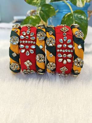  handcrafted red, yellow & green fabric kundan bangle set (set of 6) 3