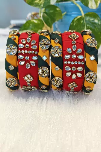  handcrafted red, yellow & green fabric kundan bangle set (set of 6)