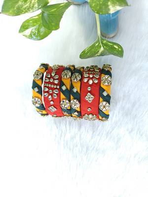  handcrafted red, yellow & green fabric kundan bangle set (set of 6) 4