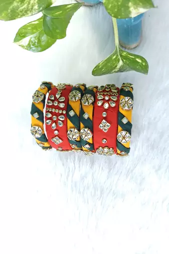  handcrafted red, yellow & green fabric kundan bangle set (set of 6)