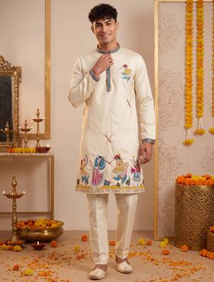 Men multicolor synthetic silk hand work & machine embroidery work navratri kurta set 1