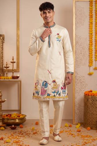 Men multicolor synthetic silk hand work & machine embroidery work navratri kurta set