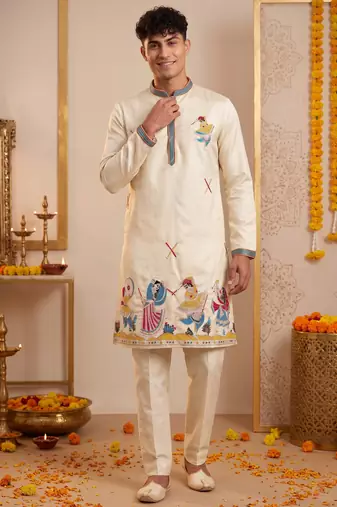 Men multicolor synthetic silk hand work & machine embroidery work navratri kurta set