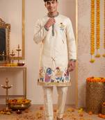 Men multicolor synthetic silk hand work & machine embroidery work navratri kurta set