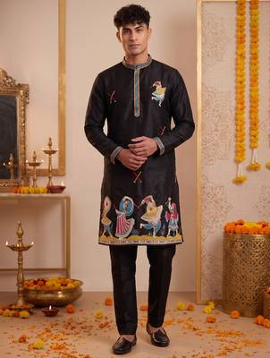 Men multicolor synthetic silk hand work & machine embroidery work navratri kurta set 1