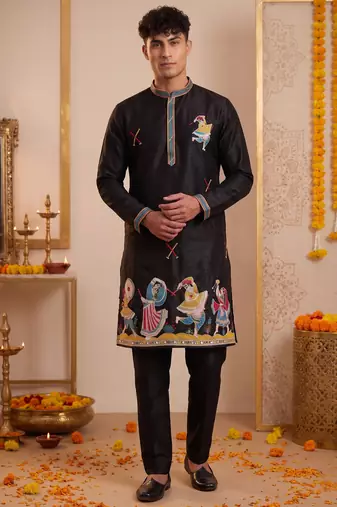 Men multicolor synthetic silk hand work & machine embroidery work navratri kurta set