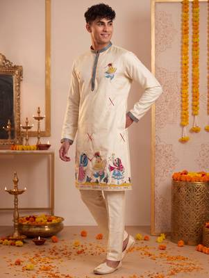 Men multicolor synthetic silk hand work & machine embroidery work navratri kurta set 2