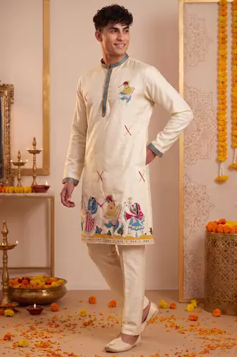Men multicolor synthetic silk hand work & machine embroidery work navratri kurta set