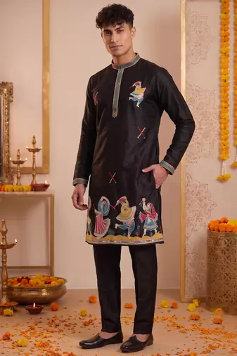 Men multicolor synthetic silk hand work & machine embroidery work navratri kurta set