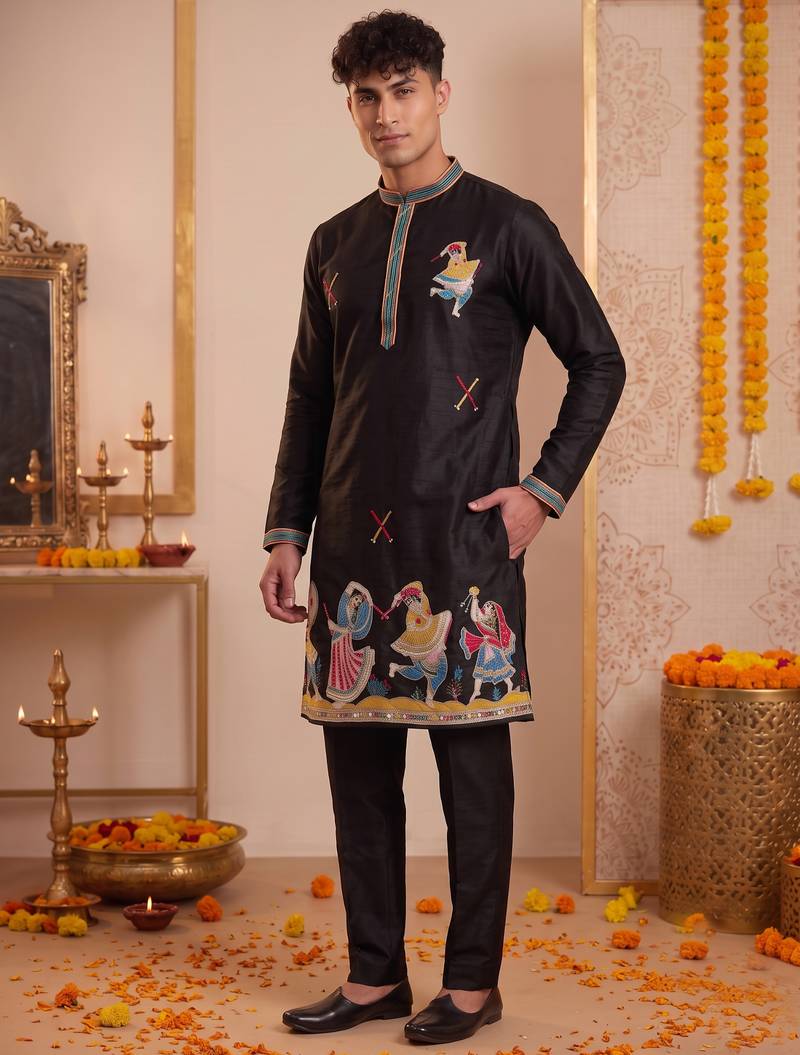 Men multicolor synthetic silk hand work & machine embroidery work navratri kurta set
