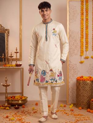 Men multicolor synthetic silk hand work & machine embroidery work navratri kurta set 3