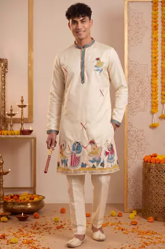 Men multicolor synthetic silk hand work & machine embroidery work navratri kurta set