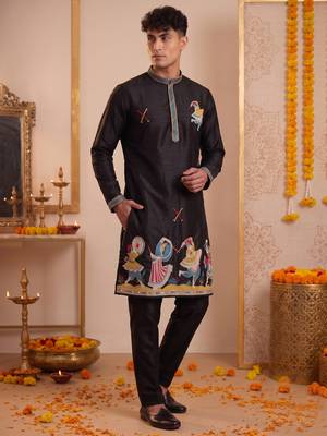 Men multicolor synthetic silk hand work & machine embroidery work navratri kurta set 3