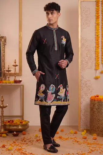 Men multicolor synthetic silk hand work & machine embroidery work navratri kurta set