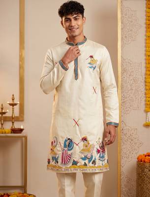 Men multicolor synthetic silk hand work & machine embroidery work navratri kurta set 4