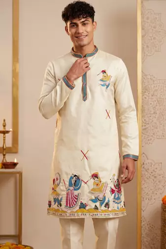 Men multicolor synthetic silk hand work & machine embroidery work navratri kurta set