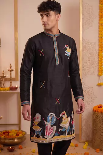 Men multicolor synthetic silk hand work & machine embroidery work navratri kurta set