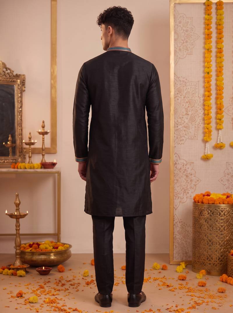 Men multicolor synthetic silk hand work & machine embroidery work navratri kurta set