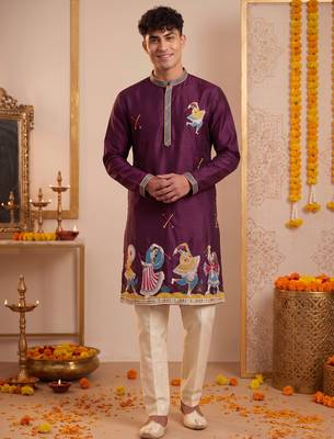 Men multicolor synthetic silk hand work & machine embroidery work navratri kurta set 1