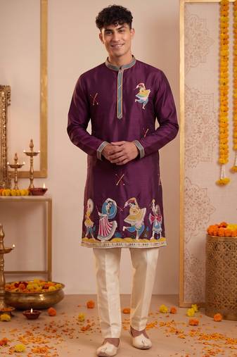 Men multicolor synthetic silk hand work & machine embroidery work navratri kurta set