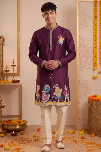 Men multicolor synthetic silk hand work & machine embroidery work navratri kurta set