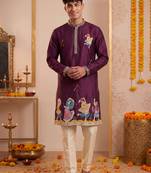 Men multicolor synthetic silk hand work & machine embroidery work navratri kurta set