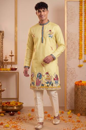 Men multicolor synthetic silk hand work & machine embroidery work navratri kurta set