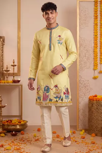 Men multicolor synthetic silk hand work & machine embroidery work navratri kurta set