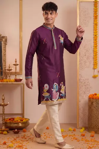 Men multicolor synthetic silk hand work & machine embroidery work navratri kurta set